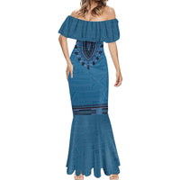 Blue African Dashiki With Fijian Tapa Pattern Mermaid Dress LT14 - Polynesian Pride