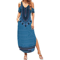 Blue African Dashiki With Fijian Tapa Pattern Summer Maxi Dress LT14 Women Blue - Polynesian Pride
