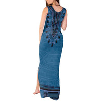 Blue African Dashiki With Fijian Tapa Pattern Tank Maxi Dress LT14 - Polynesian Pride