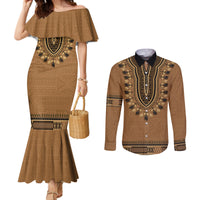 Brown African Dashiki With Fijian Tapa Pattern Couples Matching Mermaid Dress and Long Sleeve Button Shirt LT14 Brown - Polynesian Pride