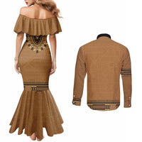 Brown African Dashiki With Fijian Tapa Pattern Couples Matching Mermaid Dress and Long Sleeve Button Shirt