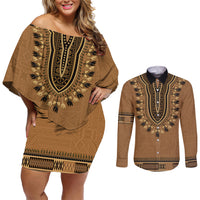 Brown African Dashiki With Fijian Tapa Pattern Couples Matching Off Shoulder Short Dress and Long Sleeve Button Shirt LT14 Brown - Polynesian Pride