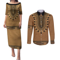 Brown African Dashiki With Fijian Tapa Pattern Couples Matching Puletasi and Long Sleeve Button Shirt LT14 Brown - Polynesian Pride