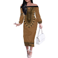 Brown African Dashiki With Fijian Tapa Pattern Family Matching Off The Shoulder Long Sleeve Dress and Hawaiian Shirt