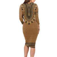 Brown African Dashiki With Fijian Tapa Pattern Long Sleeve Bodycon Dress