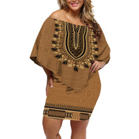 Brown African Dashiki With Fijian Tapa Pattern Off Shoulder Short Dress LT14 Women Brown - Polynesian Pride
