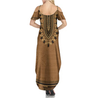 Brown African Dashiki With Fijian Tapa Pattern Summer Maxi Dress LT14 - Polynesian Pride
