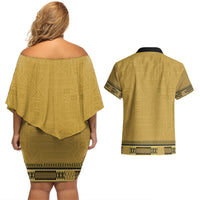 Gold African Dashiki With Fijian Tapa Pattern Couples Matching Off Shoulder Short Dress and Hawaiian Shirt LT14 - Polynesian Pride