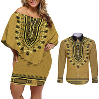 Gold African Dashiki With Fijian Tapa Pattern Couples Matching Off Shoulder Short Dress and Long Sleeve Button Shirt LT14 Gold - Polynesian Pride