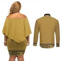 Gold African Dashiki With Fijian Tapa Pattern Couples Matching Off Shoulder Short Dress and Long Sleeve Button Shirt LT14 - Polynesian Pride