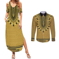 Gold African Dashiki With Fijian Tapa Pattern Couples Matching Summer Maxi Dress and Long Sleeve Button Shirt LT14 Gold - Polynesian Pride