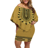 Gold African Dashiki With Fijian Tapa Pattern Off Shoulder Short Dress LT14 Women Gold - Polynesian Pride