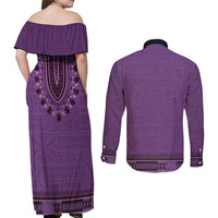 Purple African Dashiki With Fijian Tapa Pattern Couples Matching Off Shoulder Maxi Dress and Long Sleeve Button Shirt