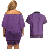 Purple African Dashiki With Fijian Tapa Pattern Couples Matching Off Shoulder Short Dress and Hawaiian Shirt LT14 - Polynesian Pride