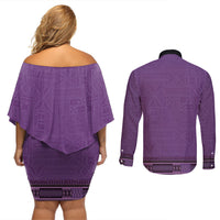 Purple African Dashiki With Fijian Tapa Pattern Couples Matching Off Shoulder Short Dress and Long Sleeve Button Shirt LT14 - Polynesian Pride