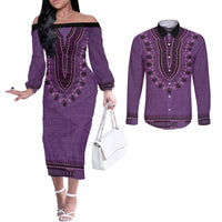 Purple African Dashiki With Fijian Tapa Pattern Couples Matching Off The Shoulder Long Sleeve Dress and Long Sleeve Button Shirt