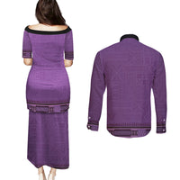 Purple African Dashiki With Fijian Tapa Pattern Couples Matching Puletasi and Long Sleeve Button Shirt LT14 - Polynesian Pride