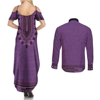 Purple African Dashiki With Fijian Tapa Pattern Couples Matching Summer Maxi Dress and Long Sleeve Button Shirt LT14 - Polynesian Pride
