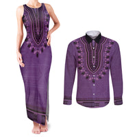 Purple African Dashiki With Fijian Tapa Pattern Couples Matching Tank Maxi Dress and Long Sleeve Button Shirt