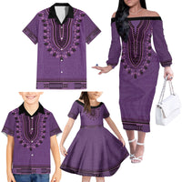 Purple African Dashiki With Fijian Tapa Pattern Family Matching Off The Shoulder Long Sleeve Dress and Hawaiian Shirt