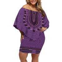 Purple African Dashiki With Fijian Tapa Pattern Off Shoulder Short Dress LT14 Women Purple - Polynesian Pride