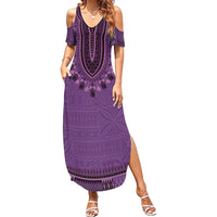 Purple African Dashiki With Fijian Tapa Pattern Summer Maxi Dress LT14 Women Purple - Polynesian Pride