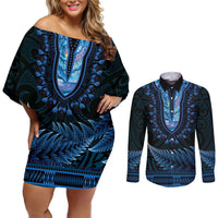 Blue African Dashiki With Aotearoa Maori Couples Matching Off Shoulder Short Dress and Long Sleeve Button Shirt Paua Shell Mix Silver Fern LT14 Blue - Polynesian Pride