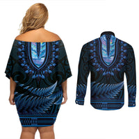 Blue African Dashiki With Aotearoa Maori Couples Matching Off Shoulder Short Dress and Long Sleeve Button Shirt Paua Shell Mix Silver Fern LT14 - Polynesian Pride