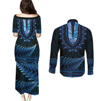 Blue African Dashiki With Aotearoa Maori Couples Matching Puletasi and Long Sleeve Button Shirt Paua Shell Mix Silver Fern LT14 - Polynesian Pride