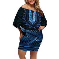 Blue African Dashiki With Aotearoa Maori Off Shoulder Short Dress Paua Shell Mix Silver Fern LT14 Women Blue - Polynesian Pride