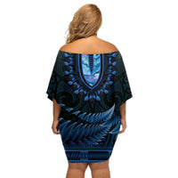 Blue African Dashiki With Aotearoa Maori Off Shoulder Short Dress Paua Shell Mix Silver Fern LT14 - Polynesian Pride