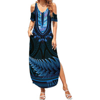 Blue African Dashiki With Aotearoa Maori Summer Maxi Dress Paua Shell Mix Silver Fern LT14 Women Blue - Polynesian Pride