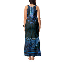 Blue African Dashiki With Aotearoa Maori Tank Maxi Dress Paua Shell Mix Silver Fern LT14 - Polynesian Pride