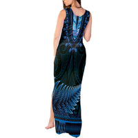 Blue African Dashiki With Aotearoa Maori Tank Maxi Dress Paua Shell Mix Silver Fern LT14 - Polynesian Pride