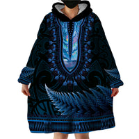 Blue African Dashiki With Aotearoa Maori Wearable Blanket Hoodie Paua Shell Mix Silver Fern LT14 - Polynesian Pride