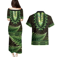 Lime Green African Dashiki With Aotearoa Maori Couples Matching Puletasi and Hawaiian Shirt Paua Shell Mix Silver Fern LT14 - Polynesian Pride