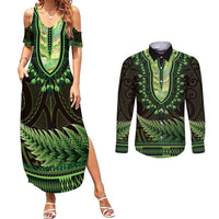 Lime Green African Dashiki With Aotearoa Maori Couples Matching Summer Maxi Dress and Long Sleeve Button Shirt Paua Shell Mix Silver Fern LT14 Lime Green - Polynesian Pride