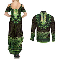 Lime Green African Dashiki With Aotearoa Maori Couples Matching Summer Maxi Dress and Long Sleeve Button Shirt Paua Shell Mix Silver Fern LT14 - Polynesian Pride