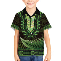 Lime Green African Dashiki With Aotearoa Maori Family Matching Off The Shoulder Long Sleeve Dress and Hawaiian Shirt Paua Shell Mix Silver Fern