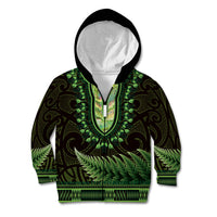 Lime Green African Dashiki With Aotearoa Maori Kid Hoodie Paua Shell Mix Silver Fern