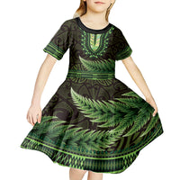 Lime Green African Dashiki With Aotearoa Maori Kid Short Sleeve Dress Paua Shell Mix Silver Fern LT14 - Polynesian Pride