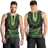 Lime Green African Dashiki With Aotearoa Maori Men Tank Top Paua Shell Mix Silver Fern LT14 - Polynesian Pride