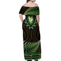 Lime Green African Dashiki With Aotearoa Maori Off Shoulder Maxi Dress Paua Shell Mix Silver Fern LT14 - Polynesian Pride
