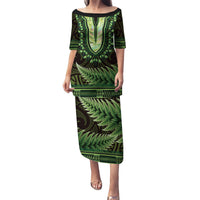 Lime Green African Dashiki With Aotearoa Maori Puletasi Paua Shell Mix Silver Fern LT14 Long Dress Lime Green - Polynesian Pride