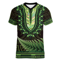 Lime Green African Dashiki With Aotearoa Maori Women V-Neck T-Shirt Paua Shell Mix Silver Fern