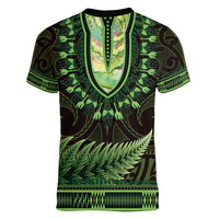 Lime Green African Dashiki With Aotearoa Maori Women V-Neck T-Shirt Paua Shell Mix Silver Fern