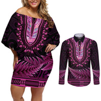 Pink African Dashiki With Aotearoa Maori Couples Matching Off Shoulder Short Dress and Long Sleeve Button Shirt Paua Shell Mix Silver Fern LT14 Pink - Polynesian Pride