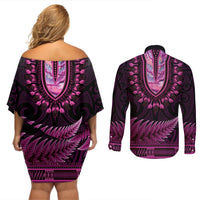 Pink African Dashiki With Aotearoa Maori Couples Matching Off Shoulder Short Dress and Long Sleeve Button Shirt Paua Shell Mix Silver Fern LT14 - Polynesian Pride