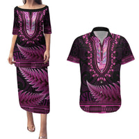 Pink African Dashiki With Aotearoa Maori Couples Matching Puletasi and Hawaiian Shirt Paua Shell Mix Silver Fern LT14 Pink - Polynesian Pride