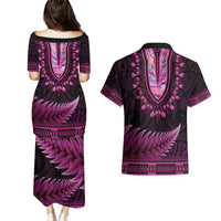 Pink African Dashiki With Aotearoa Maori Couples Matching Puletasi and Hawaiian Shirt Paua Shell Mix Silver Fern LT14 - Polynesian Pride